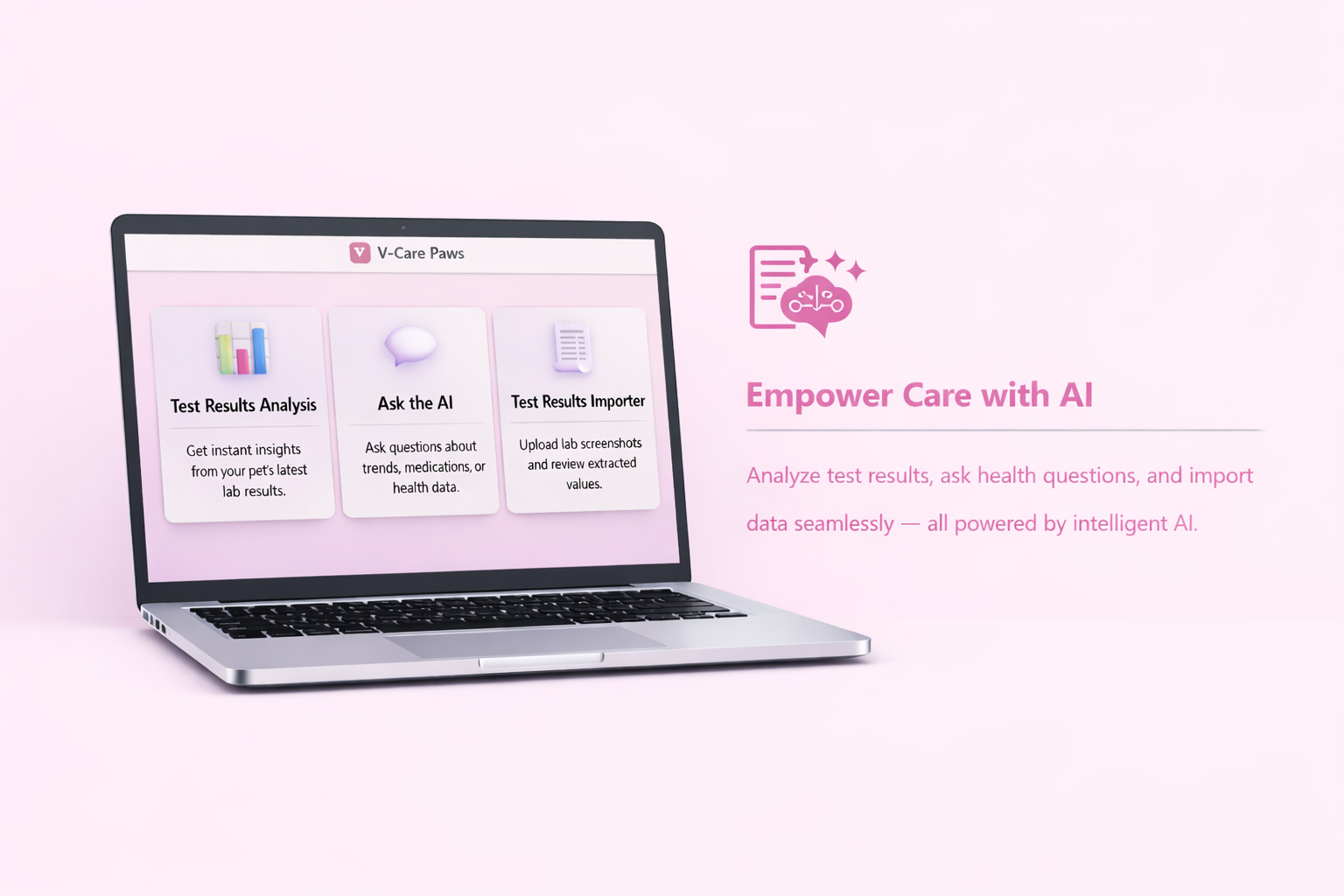 Laptop view of V-Care Paws AI tools: Test Results Analysis, Ask the AI, and Test Results Importer.