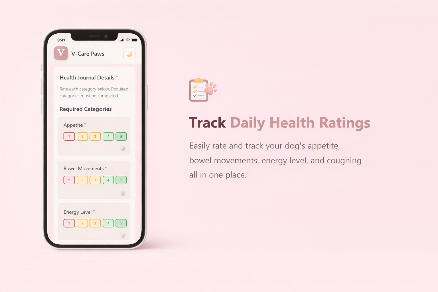 Phone view of V-Care Paws daily health journal ratings for appetite, bowel movements, and energy.