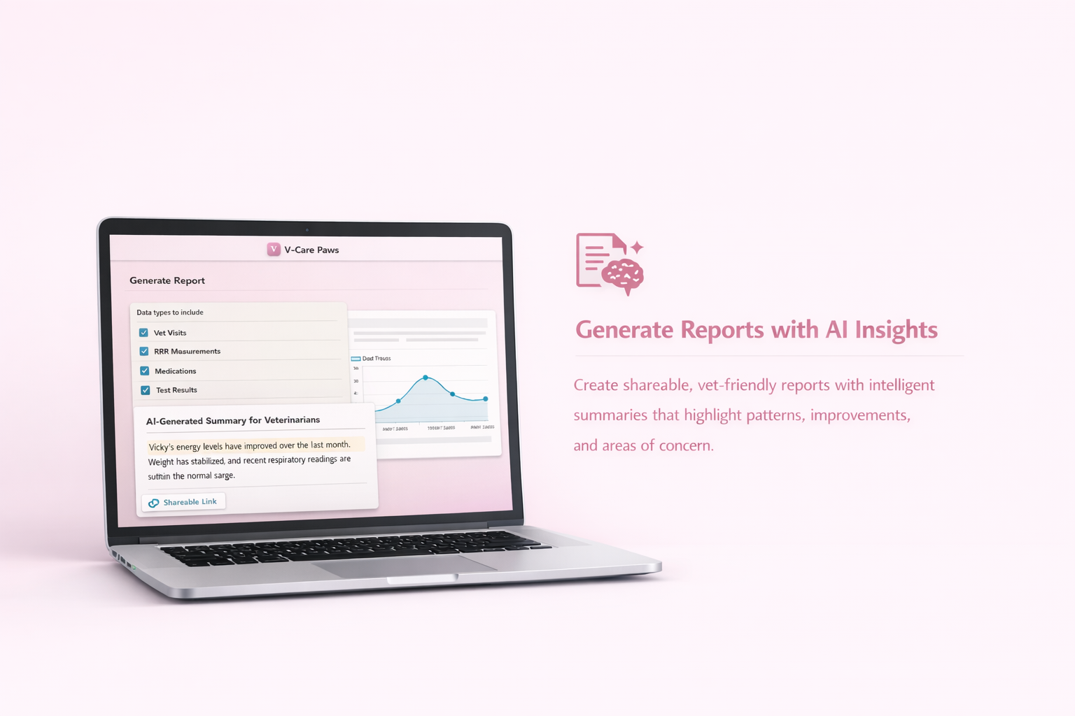 Laptop view of V-Care Paws report generation with an AI summary panel.