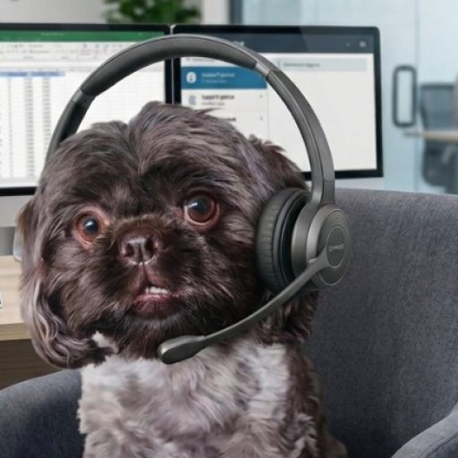 Bailey, a small brown dog wearing a headset at a support desk